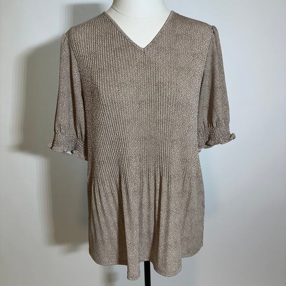 Adrianna Papell Tan White Polka Dot Pleated V-Neck Blouse Womens Size Medium M - Picture 1 of 11